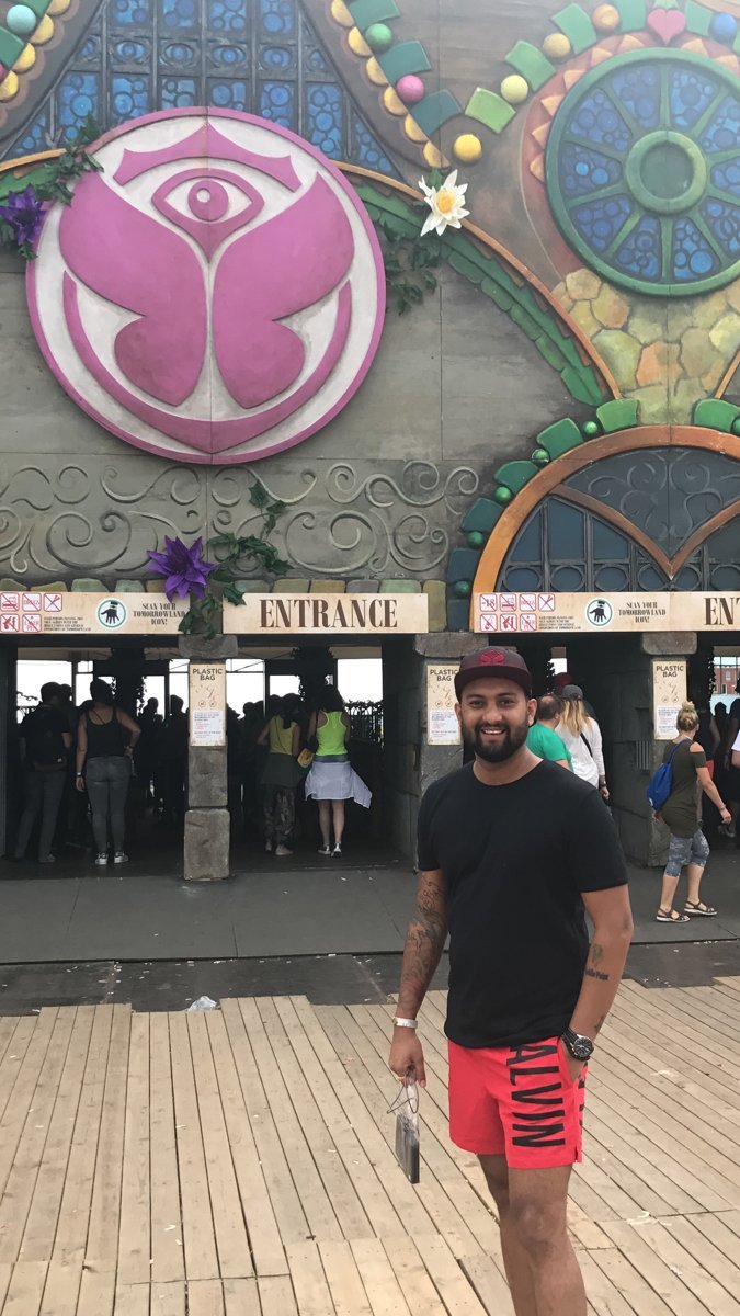 Chintan Anjaria at the Tomorrowland festival entrance in Boom, Belgium